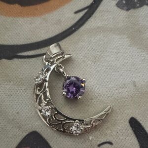 Silver Crescent Moon Pendant with Purple Gem